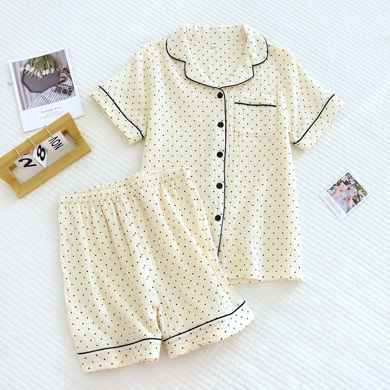 Japanese New Style Summer Cotton Short-sleeved Shorts Pajamas Suit Women Double Gauze Cute Strawberry Thin Home Service Women