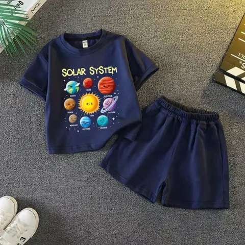 여름 아기 소녀 의류 세트 아이 소년 태양계 인쇄 짧은 소매 티셔츠 탑과 반바지 2 조각 정장 어린이 Tracksuits