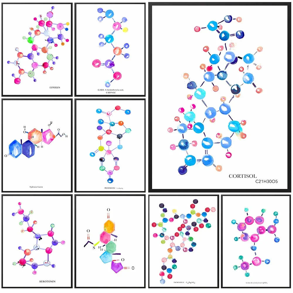 Watercolor Molecule Structure Canvas Painting,Neurotransmitter Molecule Art Poster Prints,Medical Office Decor Poster Decor