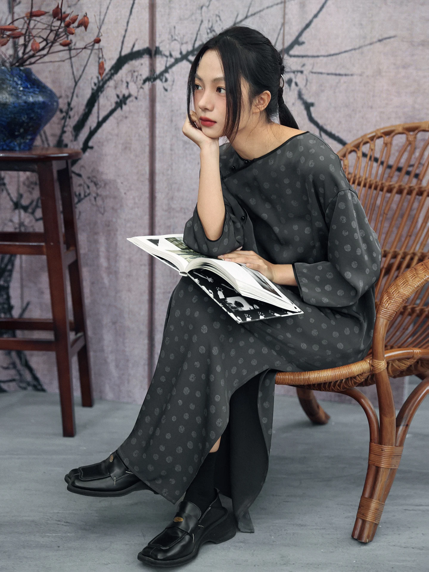 

Vintage Polka Dot Qipao Dress Loose Fit Women's Spring Long Sleeve Casual Travel Friendly Breathable Polyester Skirt Dress