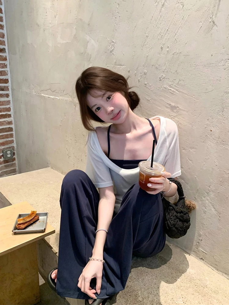 

Summer New Women's Fashion Set Thin Short Sleeve T-Shirt Large U-Neck Hanging Neck Strap Top And Bottom High Waist Casual Wear