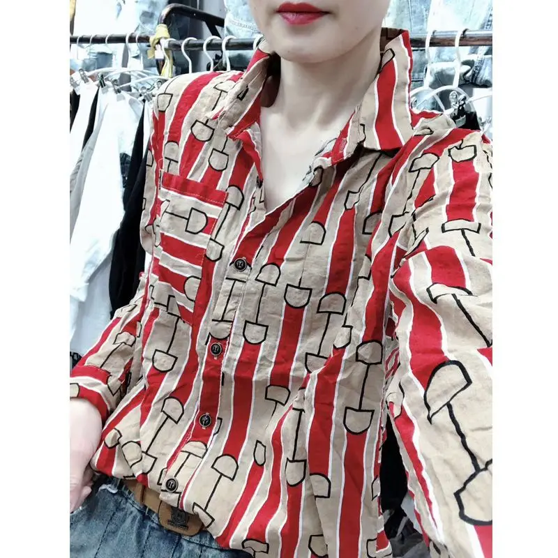 Western Style Spring Autumn New Cotton Linen Striped Shirt for Women\'s Long Sleeved Loose Slimming Unique Geometric Patterns Top