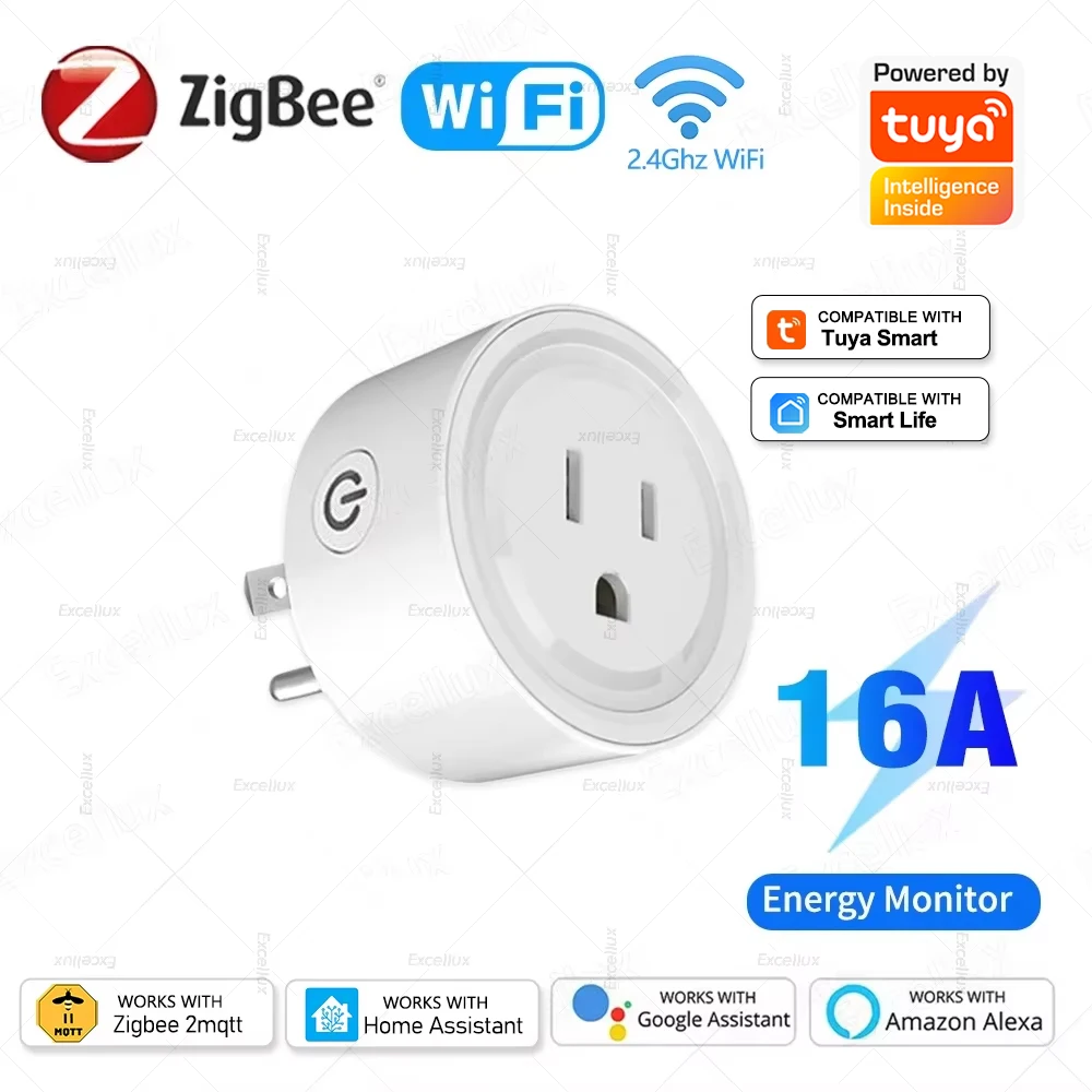 

Умная розетка Tuya Wi-Fi или Zigbee, вилка стандарта США, 16 А с функцией мониторинга мощности, розетки Wi-Fi, работает с Alexa Home Assistant