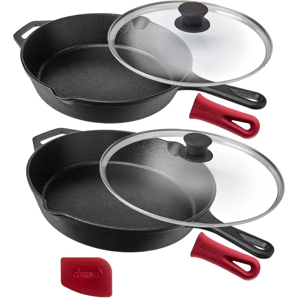 

Cast Iron Skillet Set - 10" + 12" Frying Pan + Glass Lids + 2 Handle Cover Grips - Pre-Seasoned Oven Cookware - Indoor/Outdoor