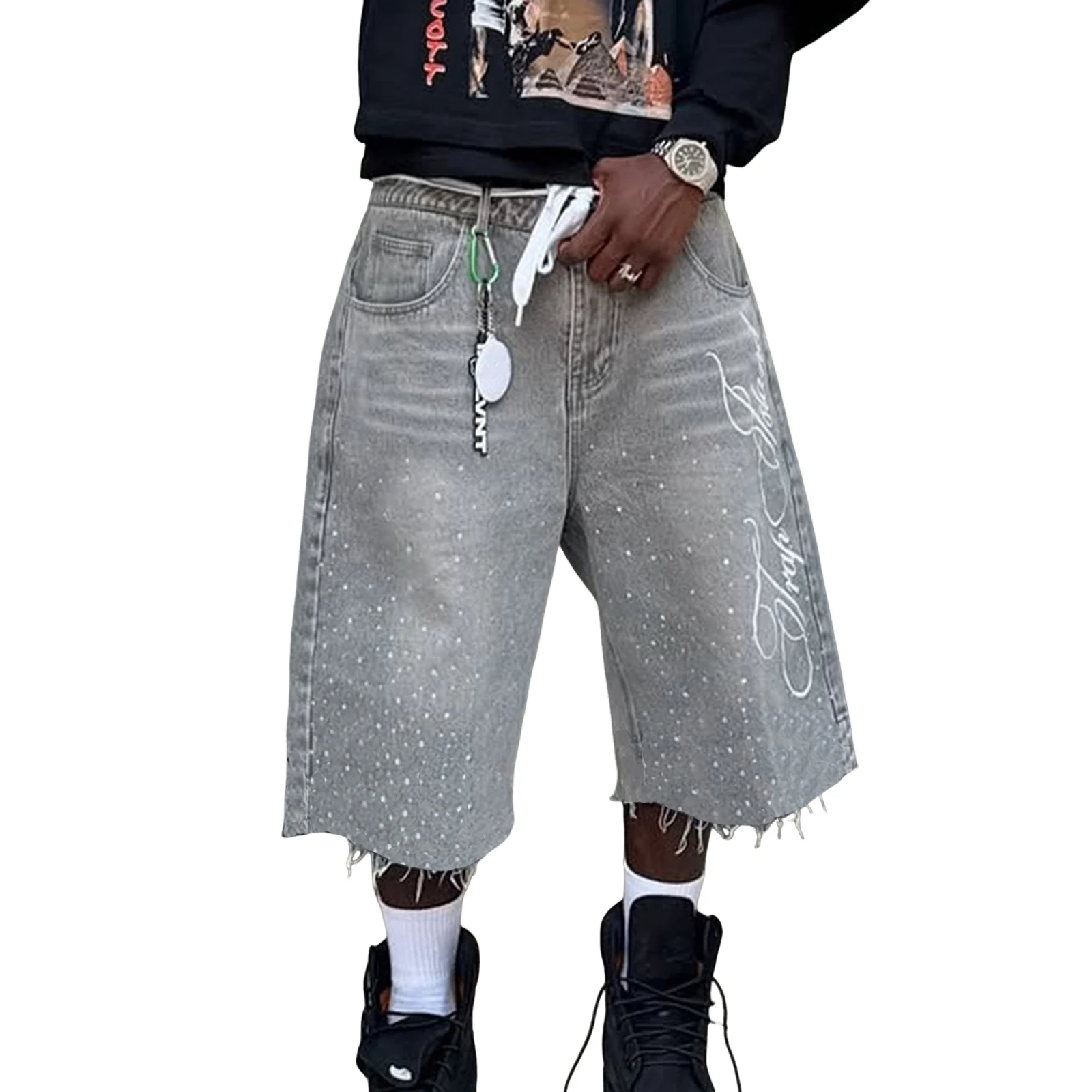 

Мужские летние повседневные джинсовые шорты длиной до колена, модные джинсовые шорты с вышивкой букв и стразами