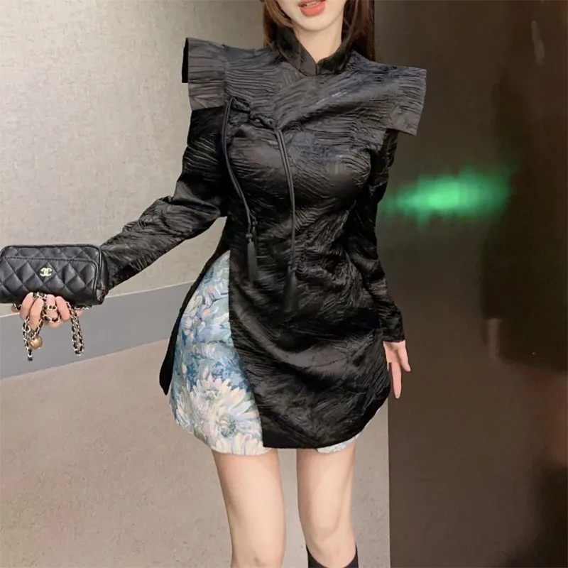 MiiiiX Chinese Style Dress Sets Mid-length Vent Long-sleeved Shirt Top High-waist Floral Skirt 2024 Autumn Women Two Piece Set