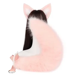 Furry Pink Wolf Ears Headwear Simulated Animal Tail 65Cm Anime Cosplay Costum Prop Halloween Headband Simulated Animal Tail