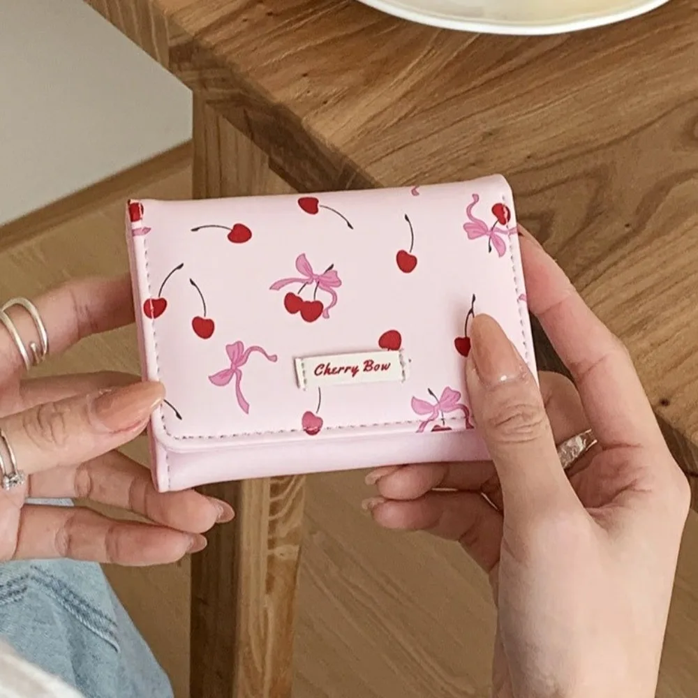 Portable Cherry Tri-fold Wallet Printing Korean Style PU Leather Wallet Short Folding Card Holder Student