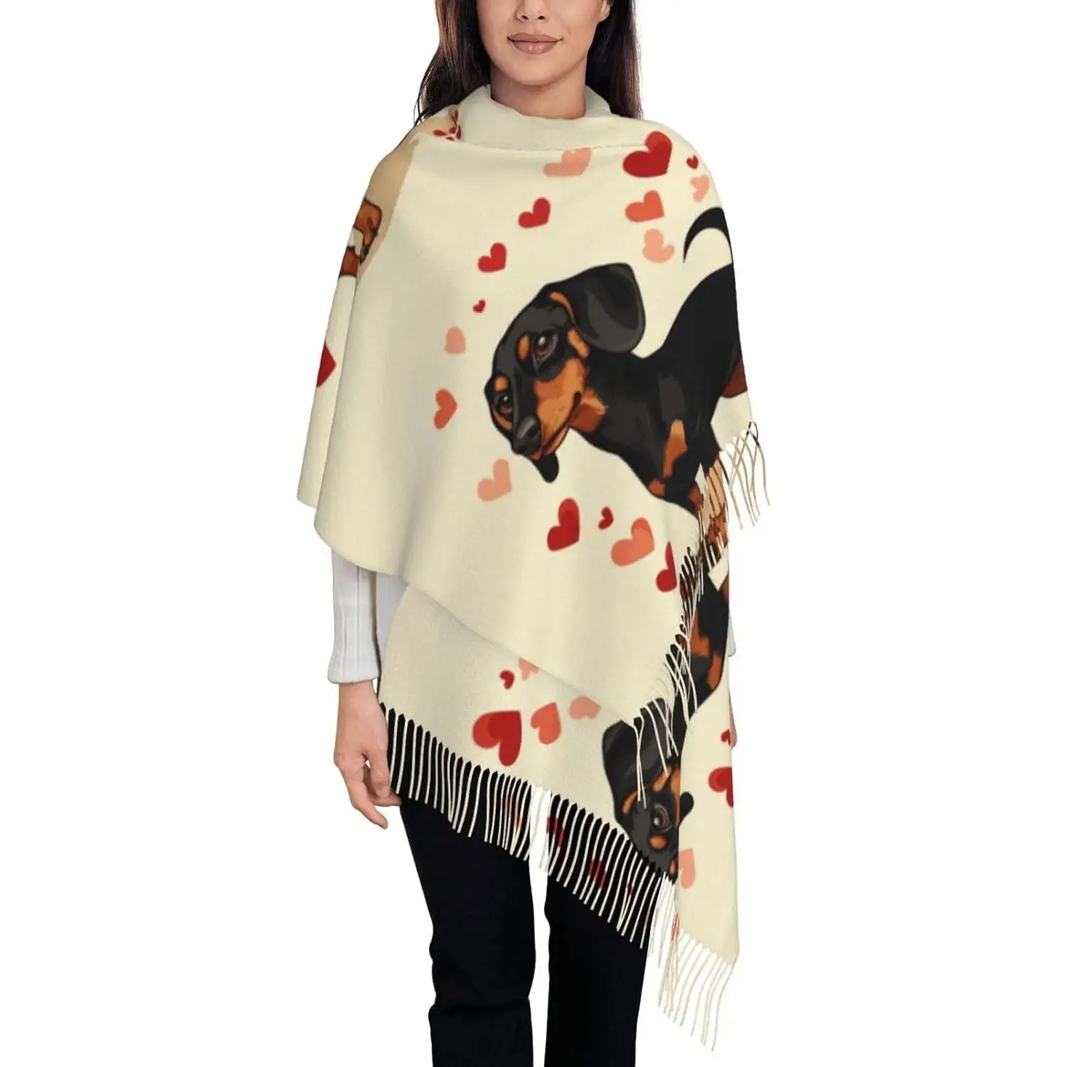 

Забавный зимний мягкий шарф с таксой, милая собака-колбаска, женские теплые шали, уютный шарф с кисточками для яркого щенка