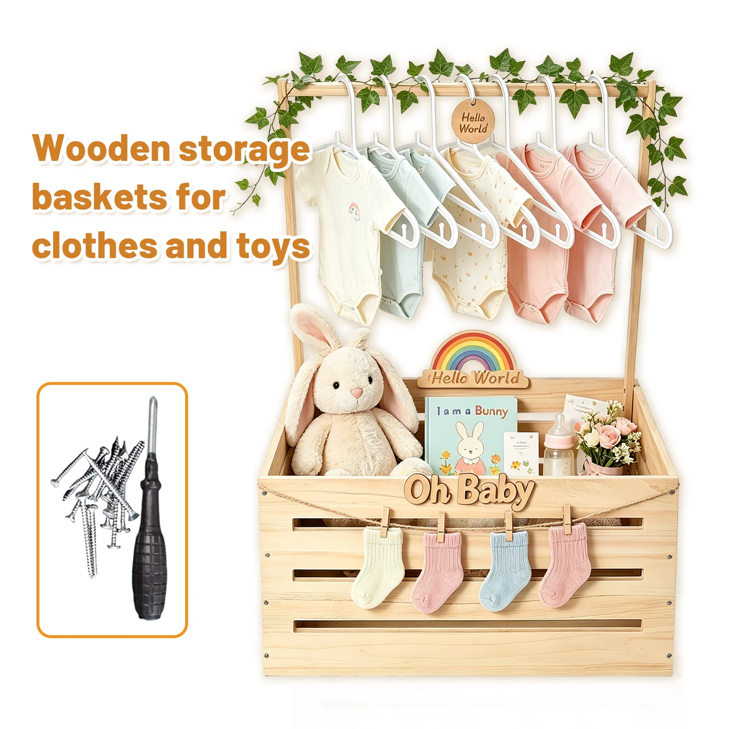 Wooden Baby Storage Basket with Portable Handle