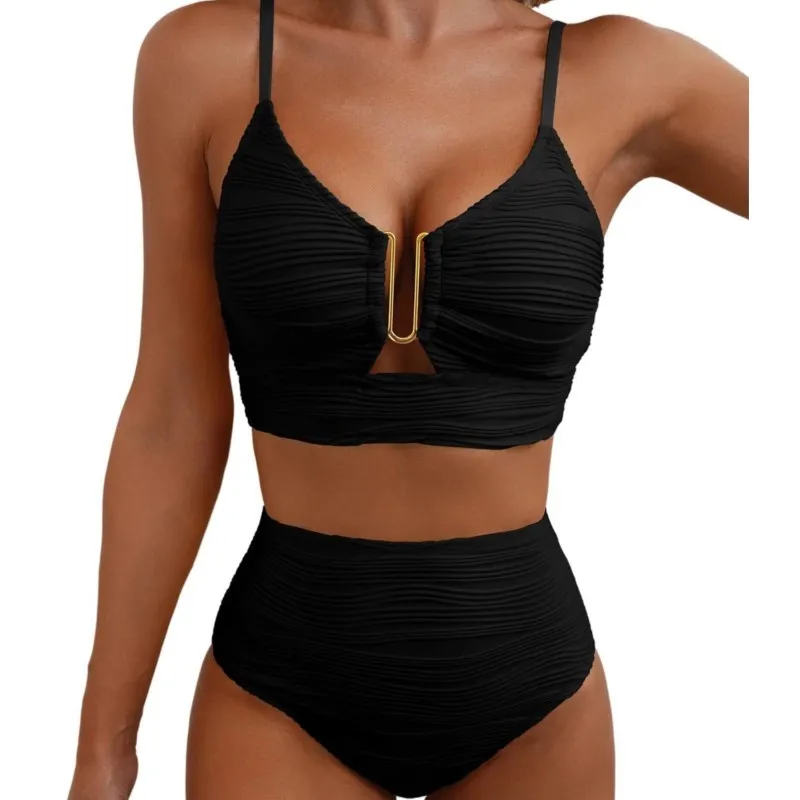 Women's New Swimsuit Bikini Set Fashion Sexy V-neck Hollow Swimsuit High Waist Textured Ruffled Swimsuit Women's Bikini Women