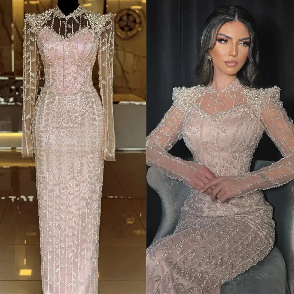 Customized Delicate Satin High Collar Evening Dress Exquisite Long Sleeves Prom Dresses Delicate Crystal Special Occasion Gowns image 2