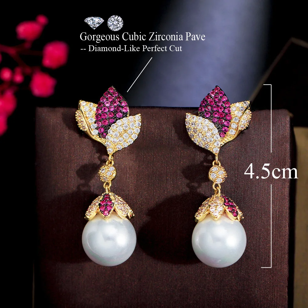 CWWZircons Elegant Charming Red Cubic Zircon Stone Setting Leaf Drop Long Pearl Earrings for Women Engagement Party Gifts CZ462