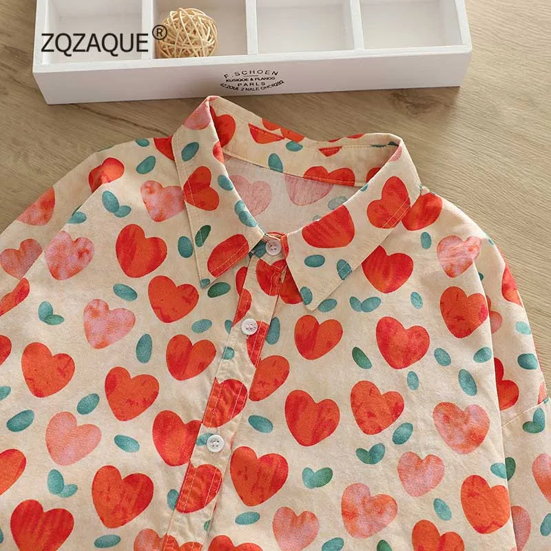 

Women's Korean Fashion Clothing Cute Heart Shape Graffiti Printing High End Cotton Shirts Long Sleeve Loose Tops Female SY2679