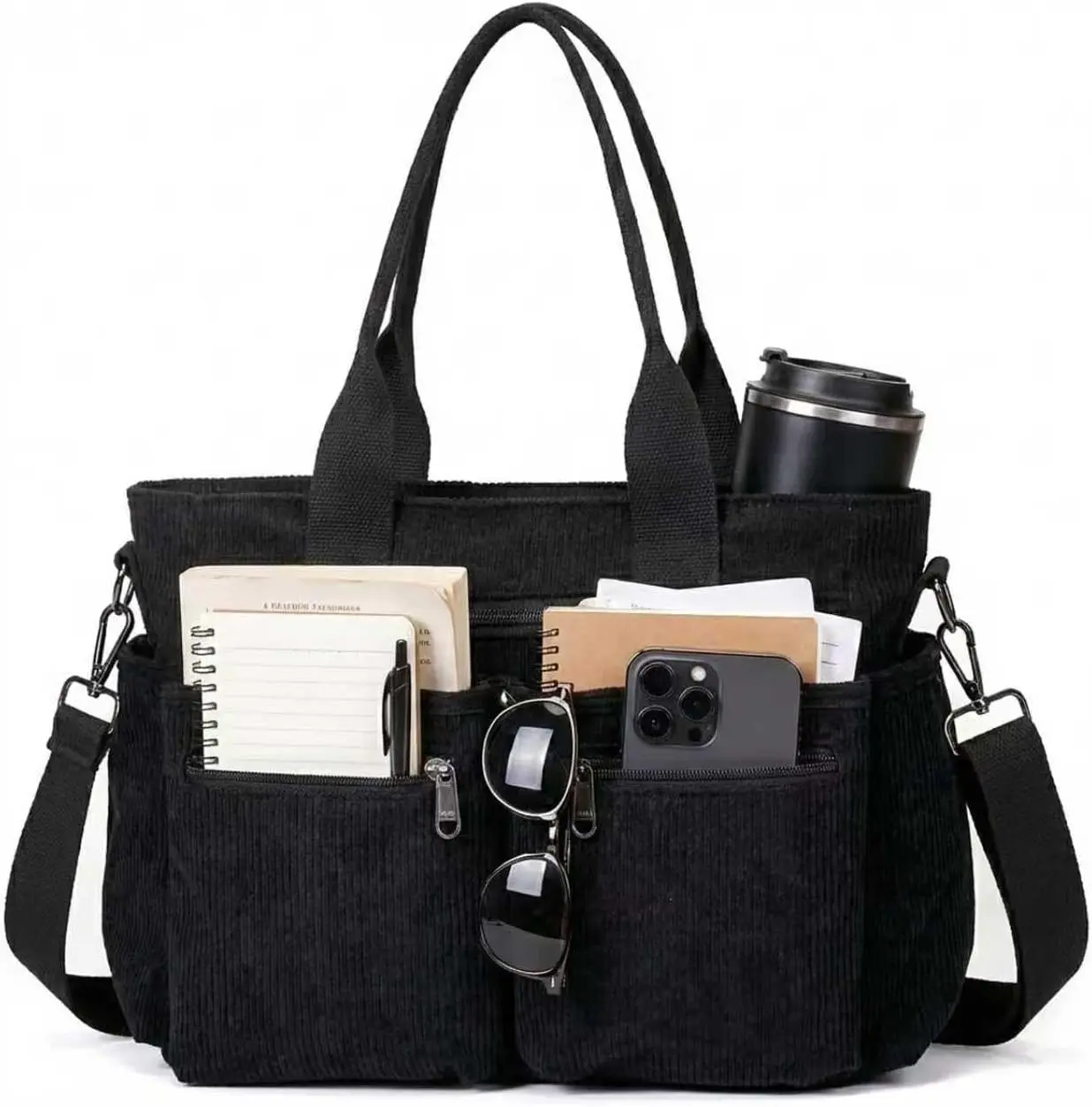 

Stylish Corduroy Tote Bag for Women with Zipper, Multi-Pocket Crossbody Purse for Work or School