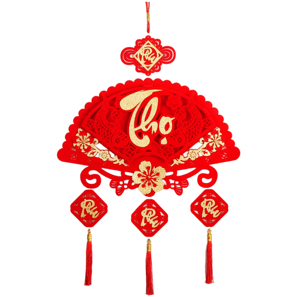 Flannel Fan Design 3D Hanging Decoration with Five Blessings for Vietnamese New Year and Festive Wall or Window Display