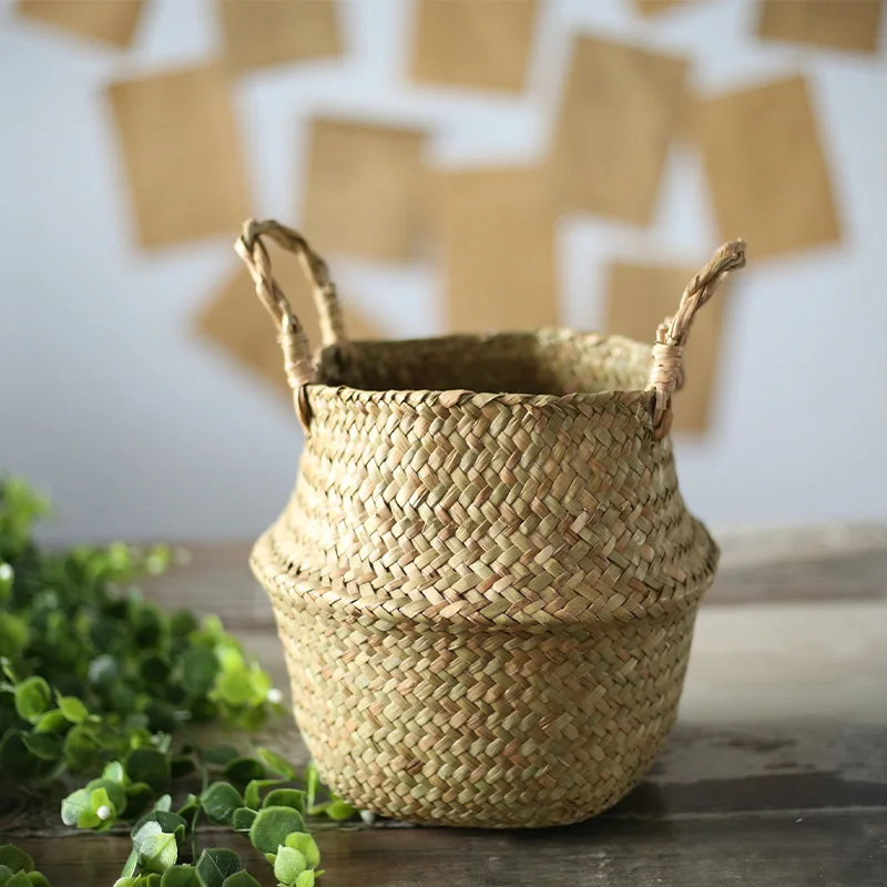 Seagrass Wickerwork Basket Rattan Foldable Hanging Flower Pot Planter Woven Dirty Laundry Hamper Storage Basket Home Decor Size