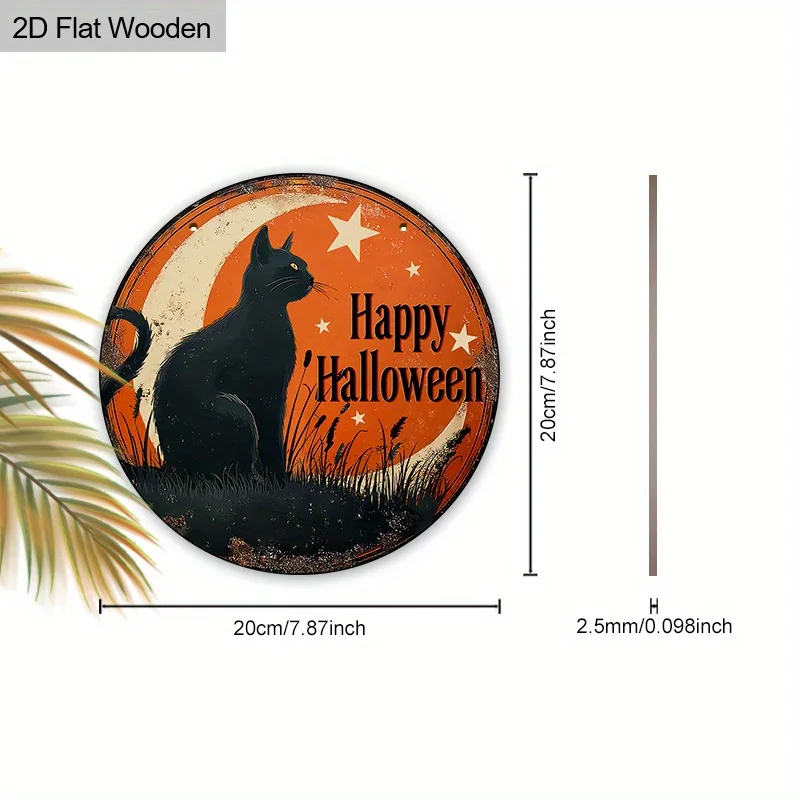 2D Flat, 2D Flat, One-Piece Round Wooden Wall Decoration Featuring a Cheerful Halloween Cat Design, Perfect for Enhancing Your L