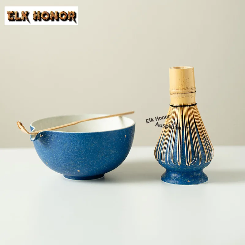 Solid Color Blue Gold Sprinkled Tea Set Complete Set Japanese Matcha Set Kit Bamboo Tranditional Tea Sets For Beverage Shop