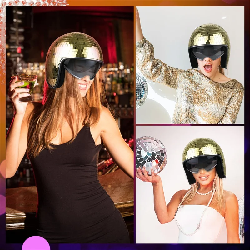 ABQR Casco da discoteca con visiera retrattile Casco da discoteca in vetro con specchio glitterato Punk per feste in club