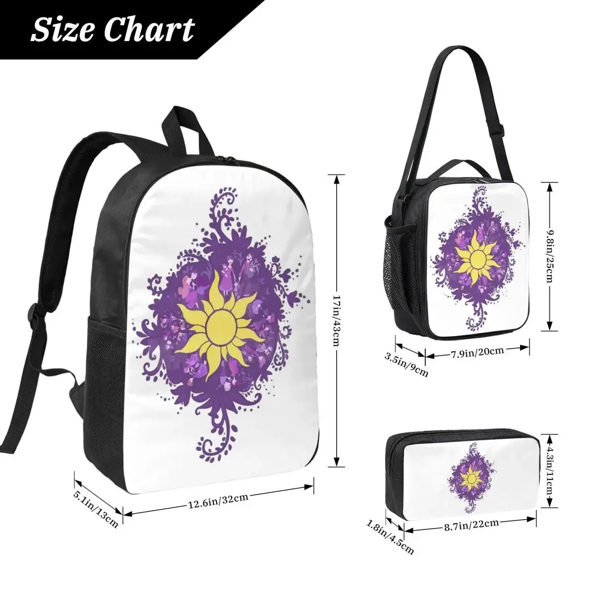 Tangled - Sun - Kingdom Dance Backpack Student BookBag School Bag Computer Shoulder Bags 3ps Insulated Lunch Bag Pencil Case