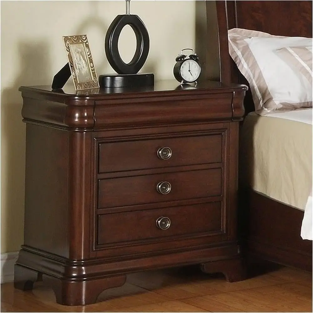 Traditional 3 Drawer Nightstand Bedside Table Solid Wood Hidden Jewelry Drawer In Dark Cherry And Antique Brass