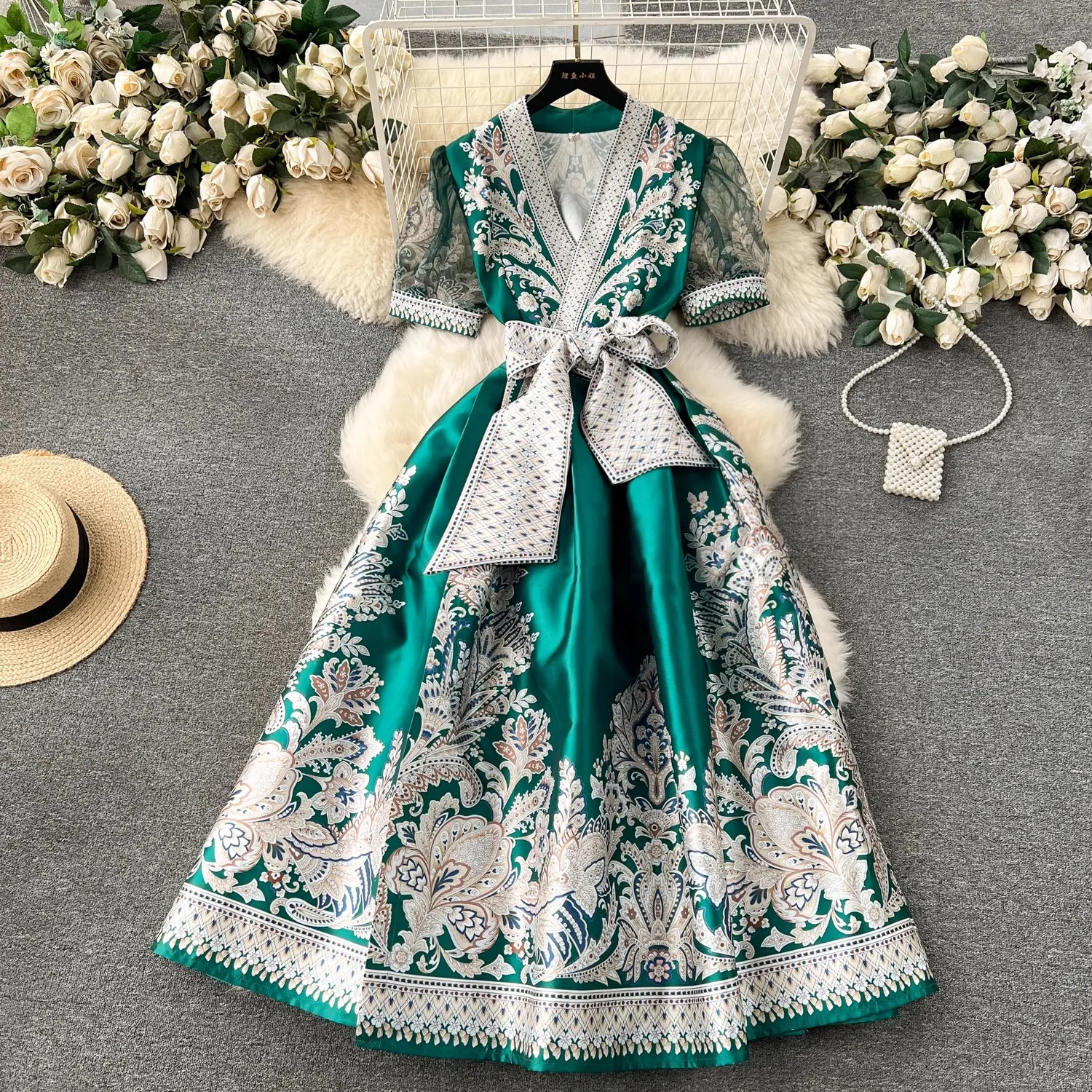 

2024 Elegant Summer Holiday Flower Print Midi Dress New Vintage Bohemian Women V Neck Puff Sleeve Pockets Lace Up Belt Vestidos