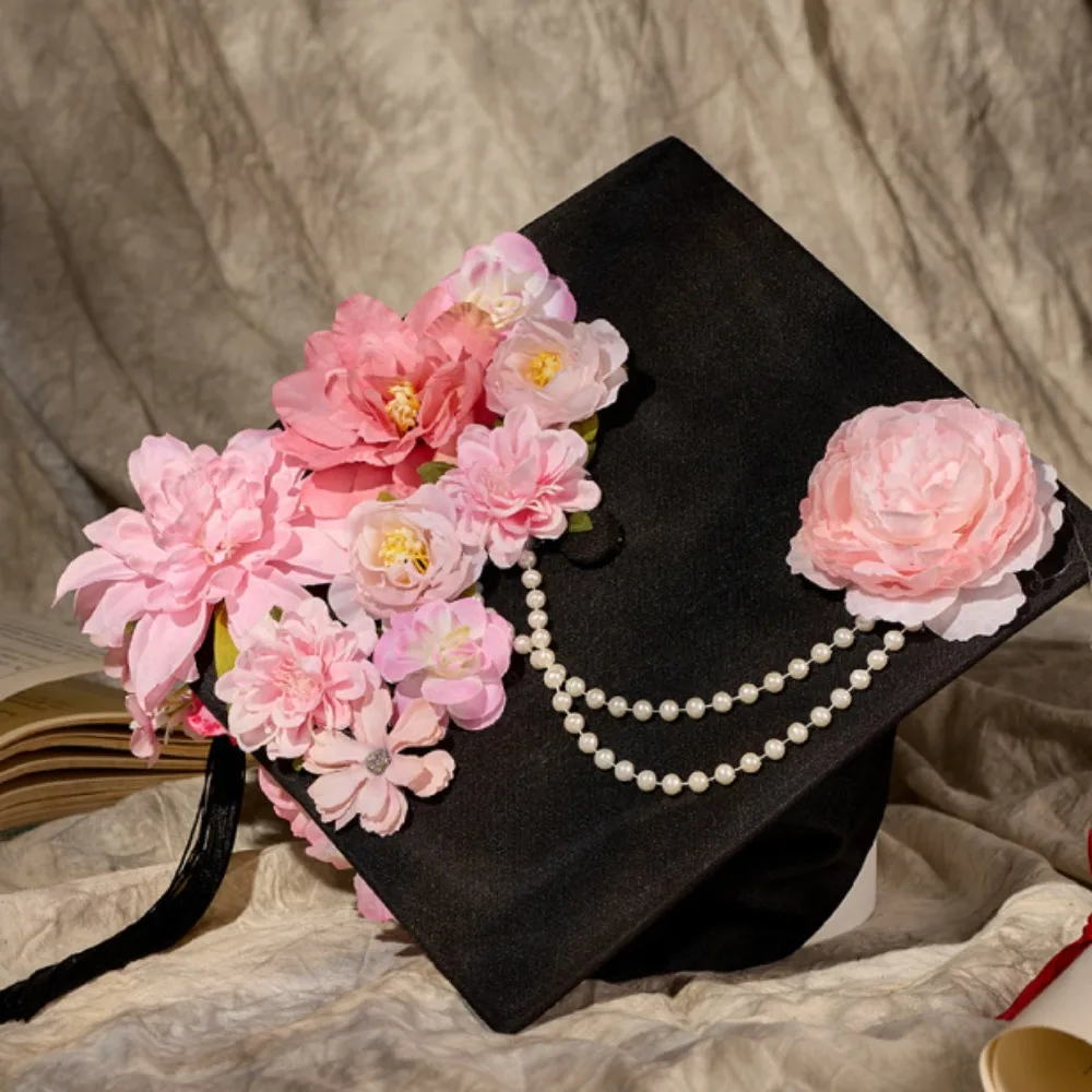 

Trencher Cap DIY Flowers Graduation Cap Bachelor Adjustable Kids Academic Hat with Tassels Mortar Board Charm Ornament