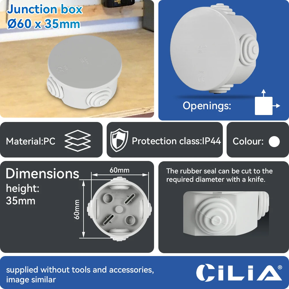 CILIA 1pc Waterproof Junction Box, IP55 Outdoor Electrical Box, Durable PC Plastic Enclosure for Indoor/Outdoor Use， No openi