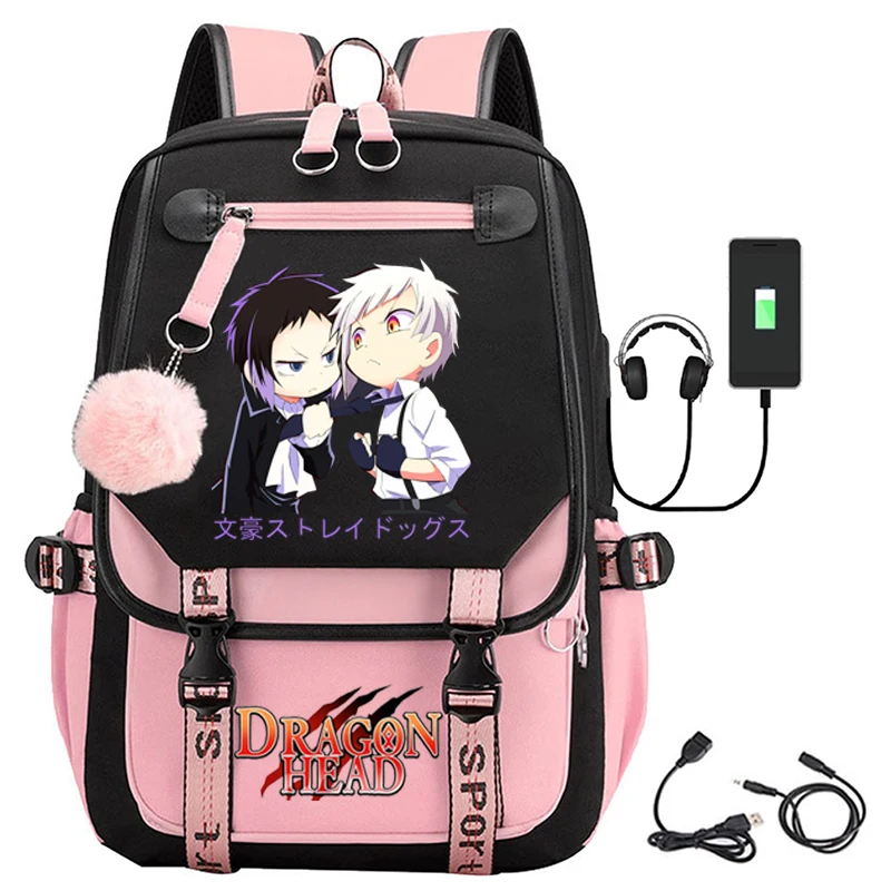 

Girls School Bag USB Port Canvas Student School Bag Fashion Bungo Stray Dogs Black Pink Teen School Bag