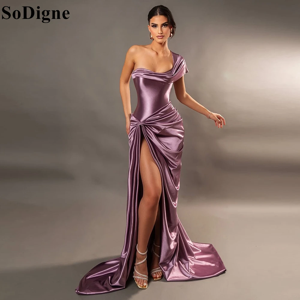 

SoDigne Elegant Purple Satin Evening Dresses Mermaid High Split One Shoulder Draped Party Dress 2025 Sexy Prom Gowns Customized