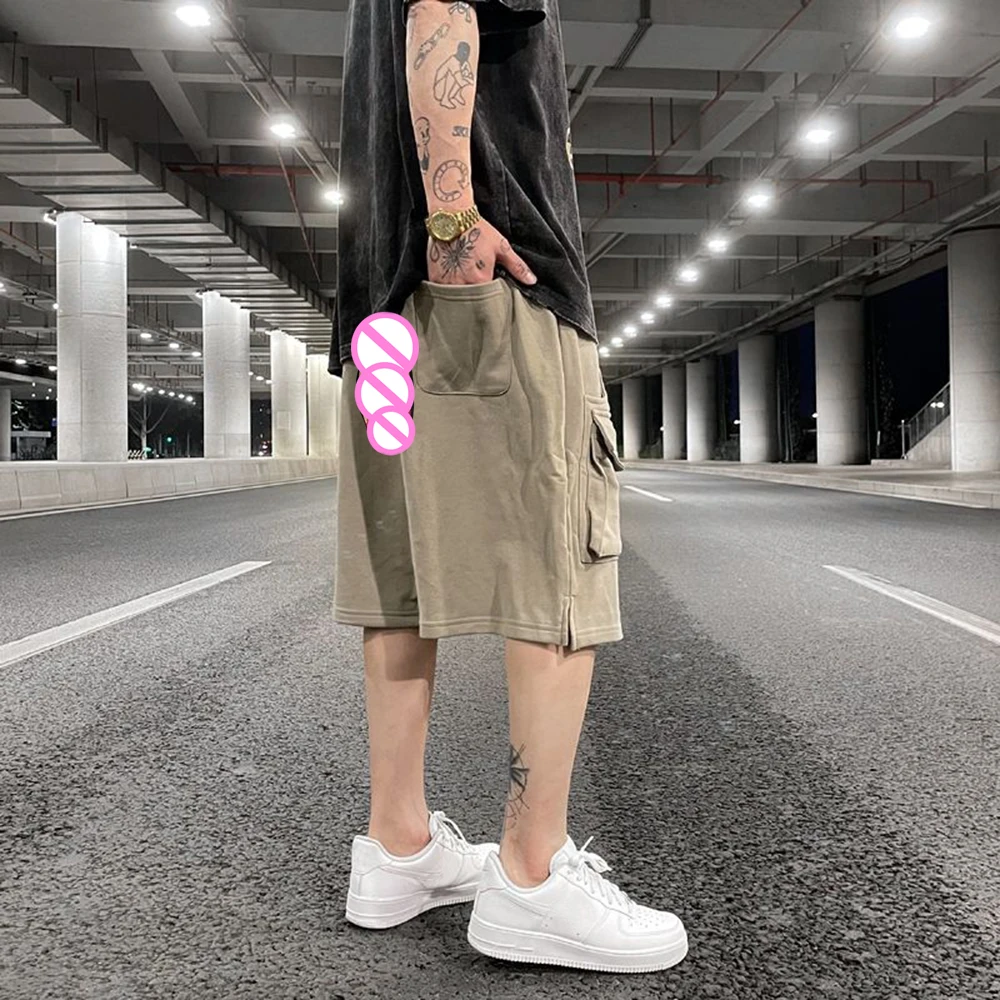 Washed Men\'s Cargo Shorts High Street Hip-Hop Casual Pants Summer Men Clothing Five-Point Pants Invisible Crotch Outdoor Sex