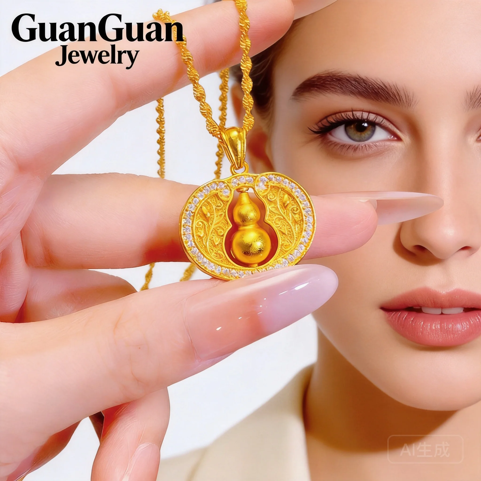 Rotatable Gourd Pendant Necklace For Women 2026 Light Luxury Fashion Brass Gold Plated Inlaid Zircon Clavicle Chain Daily Wear
