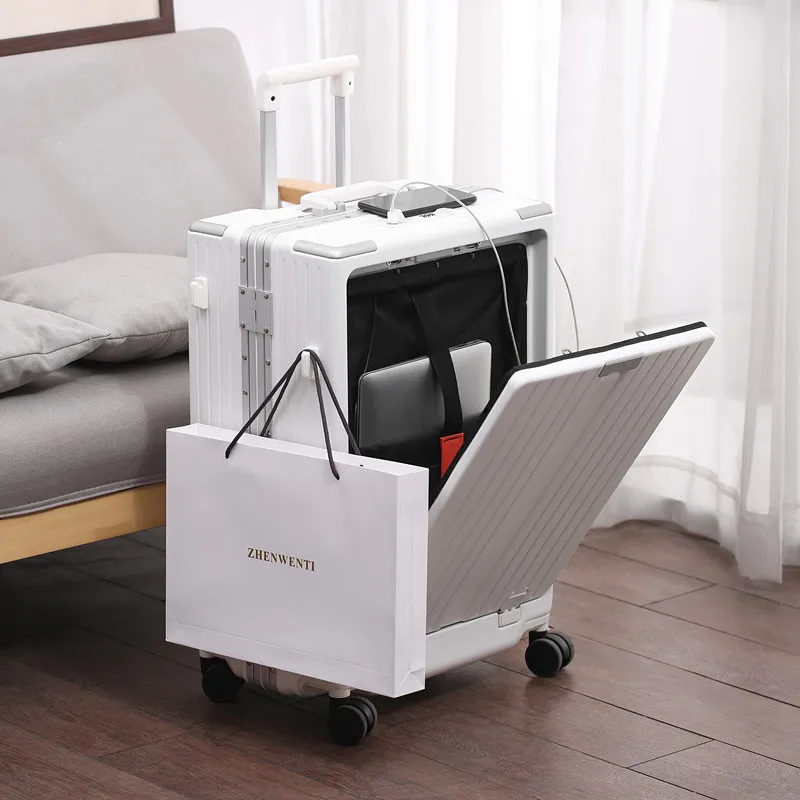 

New front Open Lid suitcase Multifunctional charging pull Rod Case Cup Holder Travel Luggage Aluminum Frame Business 20 boarding