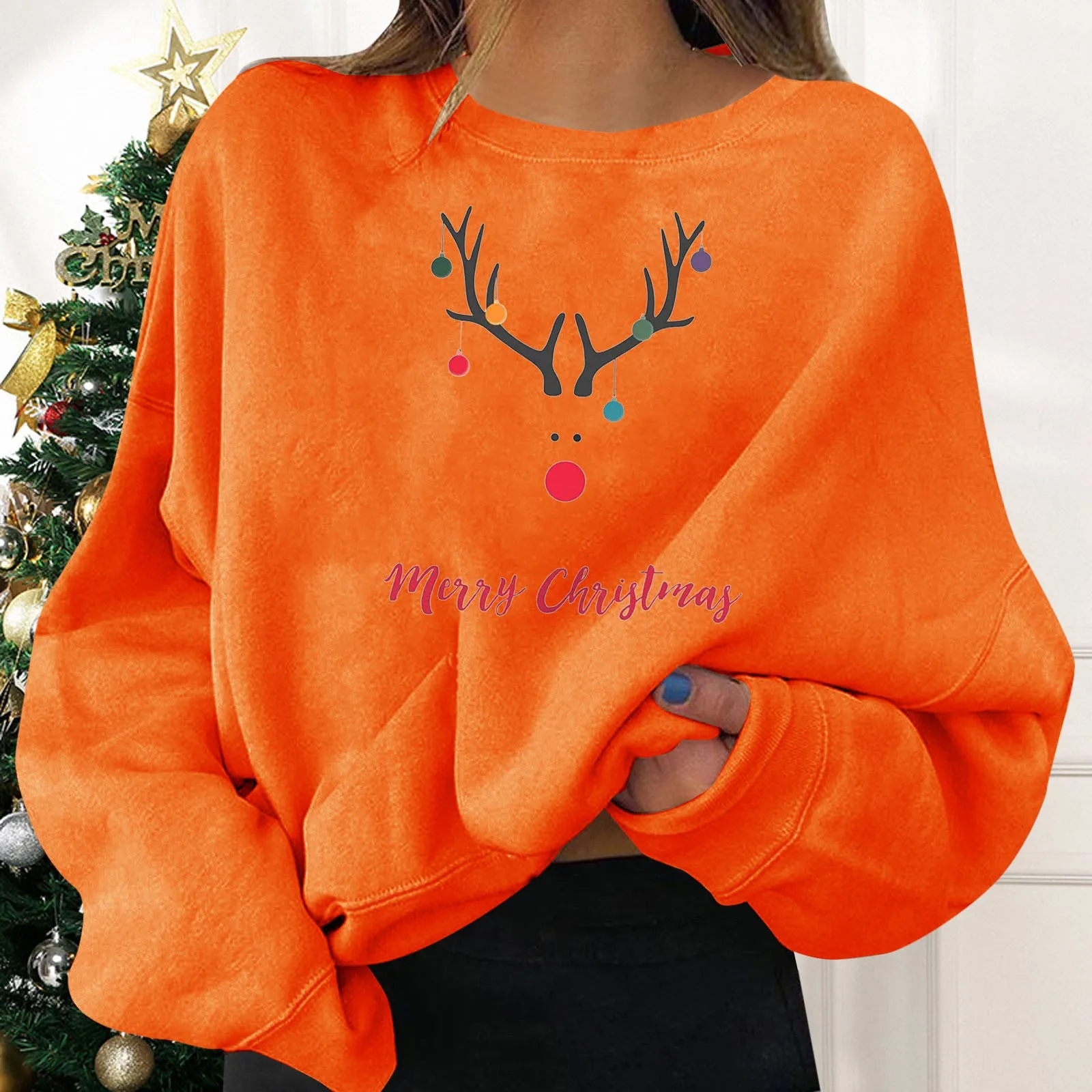 Solid Color Women Hoodies Oversize Christmas Elk Print Long Sleeve Print Sweatshirt Xmas Pullover Blouse Autumn Sweater Clothes