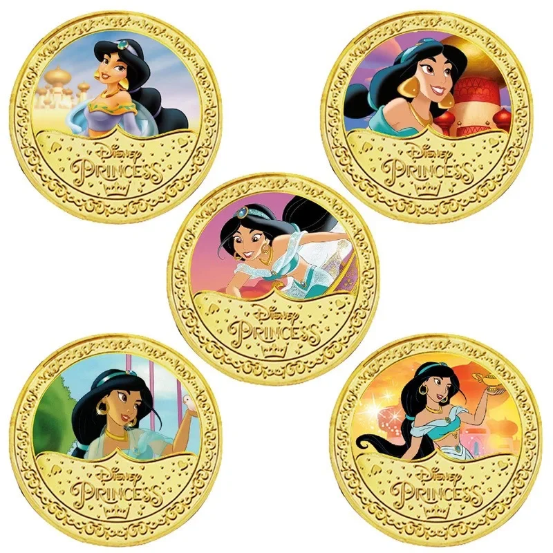 

Disney Princess Aladdin Jasmine Commemorative Coins Metal Cartoon Movie Character Lucky Coin 1pcs/5pcs Children Gift Toys