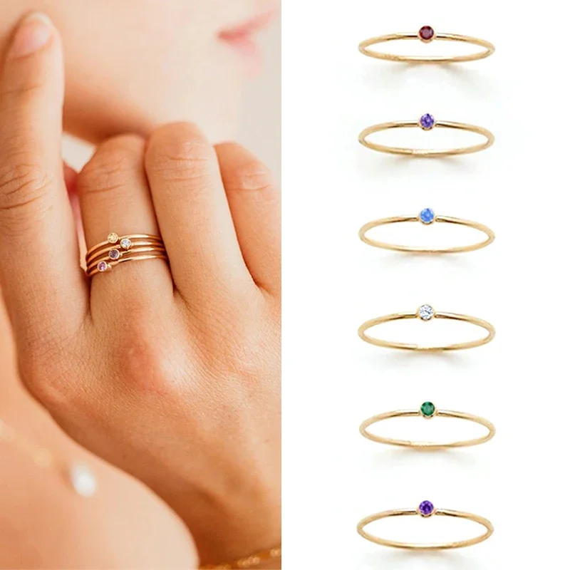 Hot  Stainless Steel Birthstone Ring Golden Color Simple Fashion Style Rings for Women Jewelry Festival Party Valentines Gift