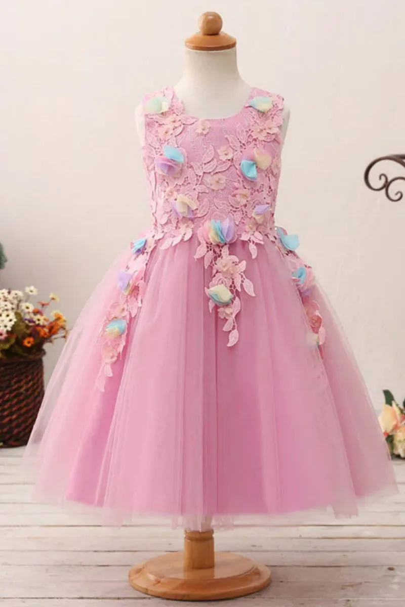 Pink Flower Girl Dress Tulle Cute 3d Flowers With Lace Appliques For Wedding Birthday Party First Communion Gowns