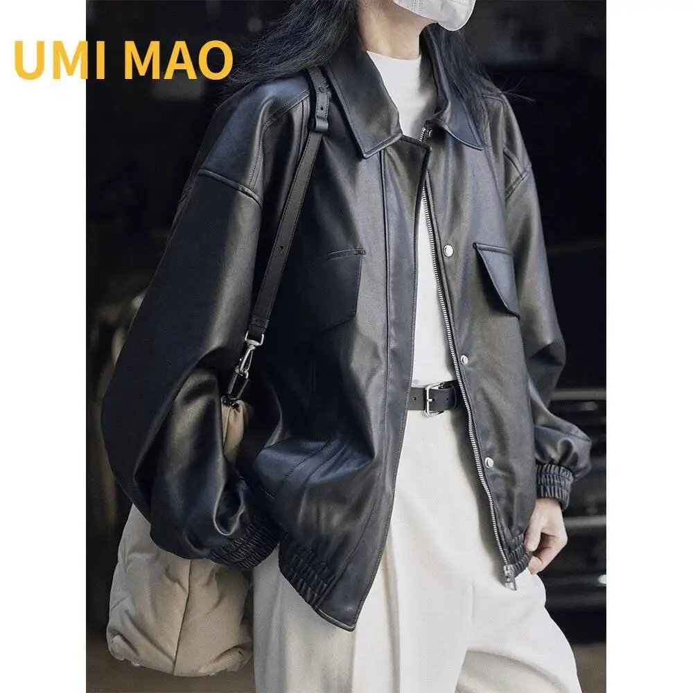 

UMI MAO PU Leather Jacket Spring New Korean Street Retro Female Loose Silhouette Casual Black Motorcycle Top Women Femme