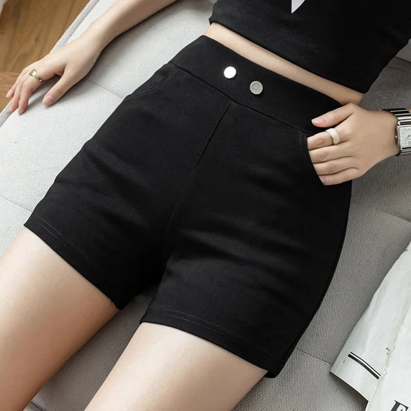 High Waist A-Line Shorts Women's Summer Trendy Black Elastic Safety Base Layer Pants Boot Cut Pants for Young Women 18-24 Yea...