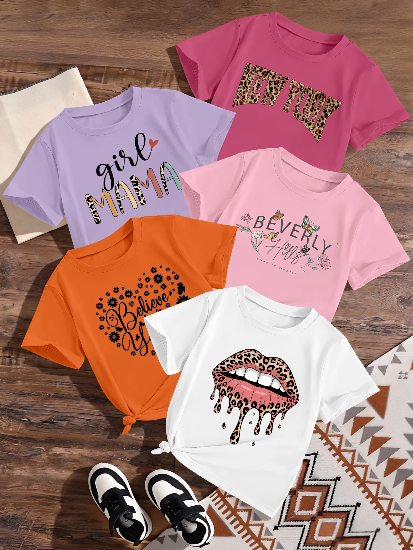 

5-детали, День матери и День святого Валентина, мультяшные губы, сердце, цветочный узор, милые и милые повседневные футболки для летних девочек