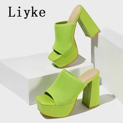 Liyke Summer Fashion Green Knitting Women's Slippers Banquet Nightclub Platform Chunky High Heels Slide Mule Shoes Female Sandal
