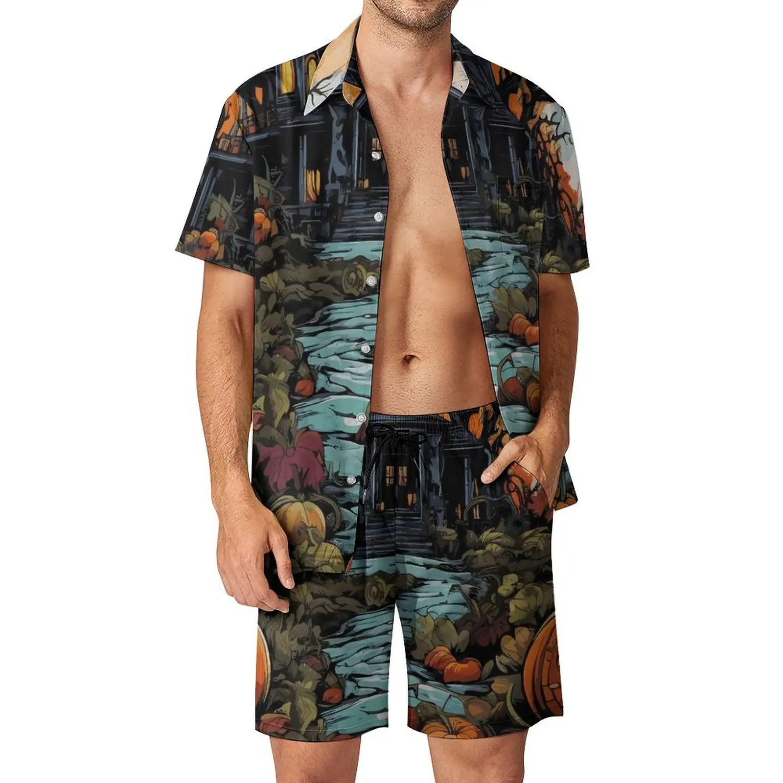 

Веганские мужские комплекты с особняком с привидениями, моторошные повседневные шорты на Хэллоуин, летняя гавайская рубашка для отдыха, комплект с короткими рукавами, костюм оверсайз, подарок