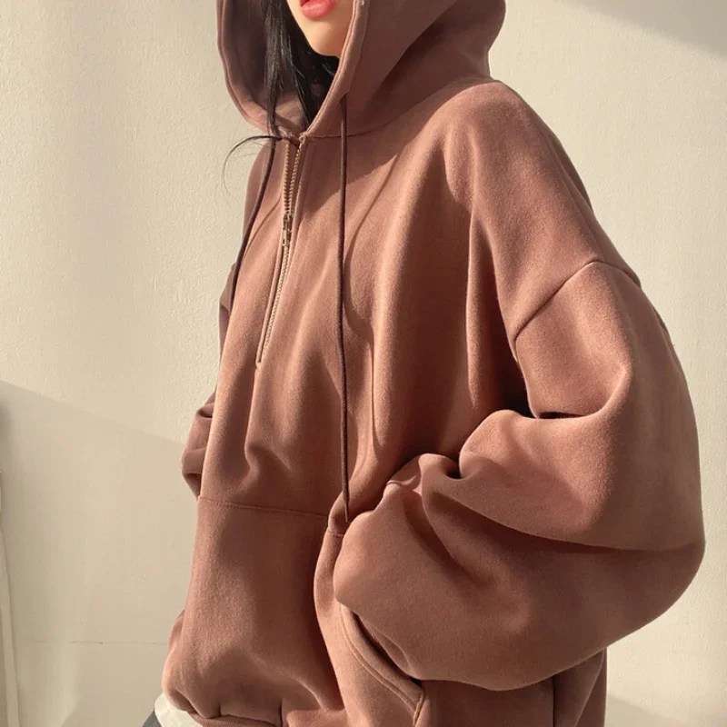 Women Hoodie Harajuku Korean Version Oversized Solid Color Half Zip Up Sweatshirt Female Winter Thickening Pocket Hooded Coats