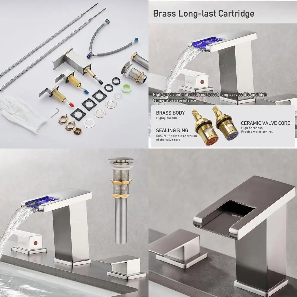 

8 Widespread Brushed Nickel 3-Hole Waterfall Faucet, Modern Touch-On Bathroom Sink Mixer Tap