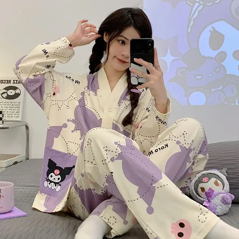 Anime 2Pcs Cotton Pajamas Suit Kuromi Sanrioed Cartoon Pochacco Tops Pants Women Home Clothes Cute Loose Casual Girls Nightwear