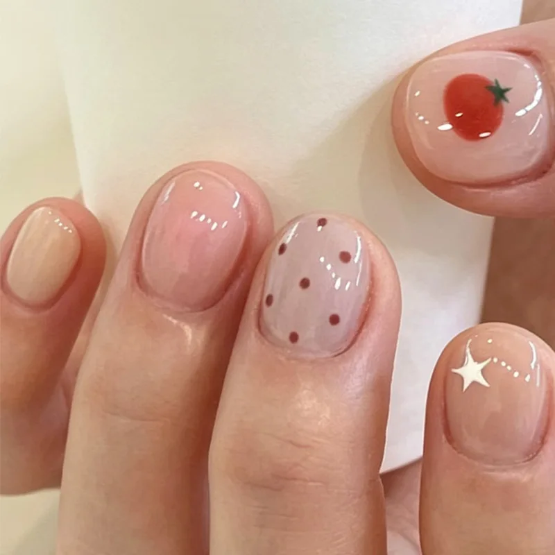 24Pcs Colorful Short Polka Dot False Nail Cat's Eye Glossy Tips Full Cover Wearable Spicy Girl Press on Nails Pink Fake Manicure 3