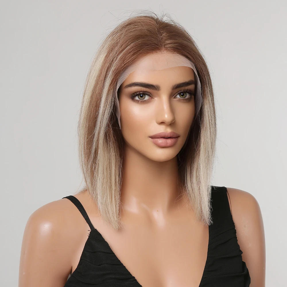 Bayalage Blond Bruin Menselijk Haar Pruik Ombre Korte Kant Frontale Pruik Bone Straight Remy Haar T-Deel Lace Pruiken voor Vrouwen Natuurlijke