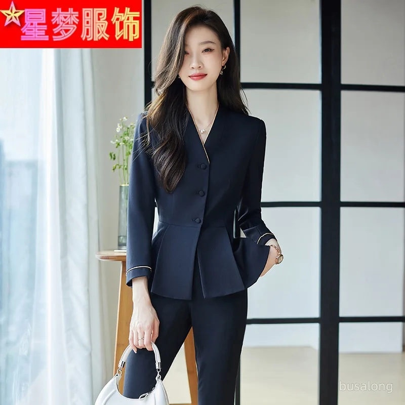 

Spring and Autumn Thin Nine-Quarter Sleeve V-neck Suit Suit Female Beauty Salon Front Desk Reception Customer Service Work Cloth