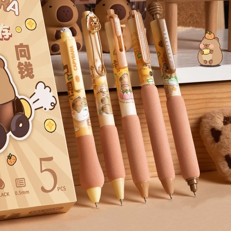 

Набор из 5 гелевых ручек «Капибара»: милые мультяшные ручки с мягким захватом, черные чернила 0,5 мм для письма, школьные, A7684